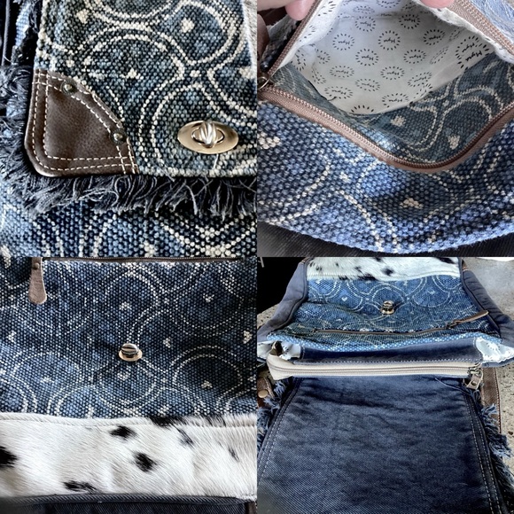 Myra Handbag Western Boho Cowhide Crossbody Leather & Canvas Cowgirl Zip Up Bag - Picture 11 of 16